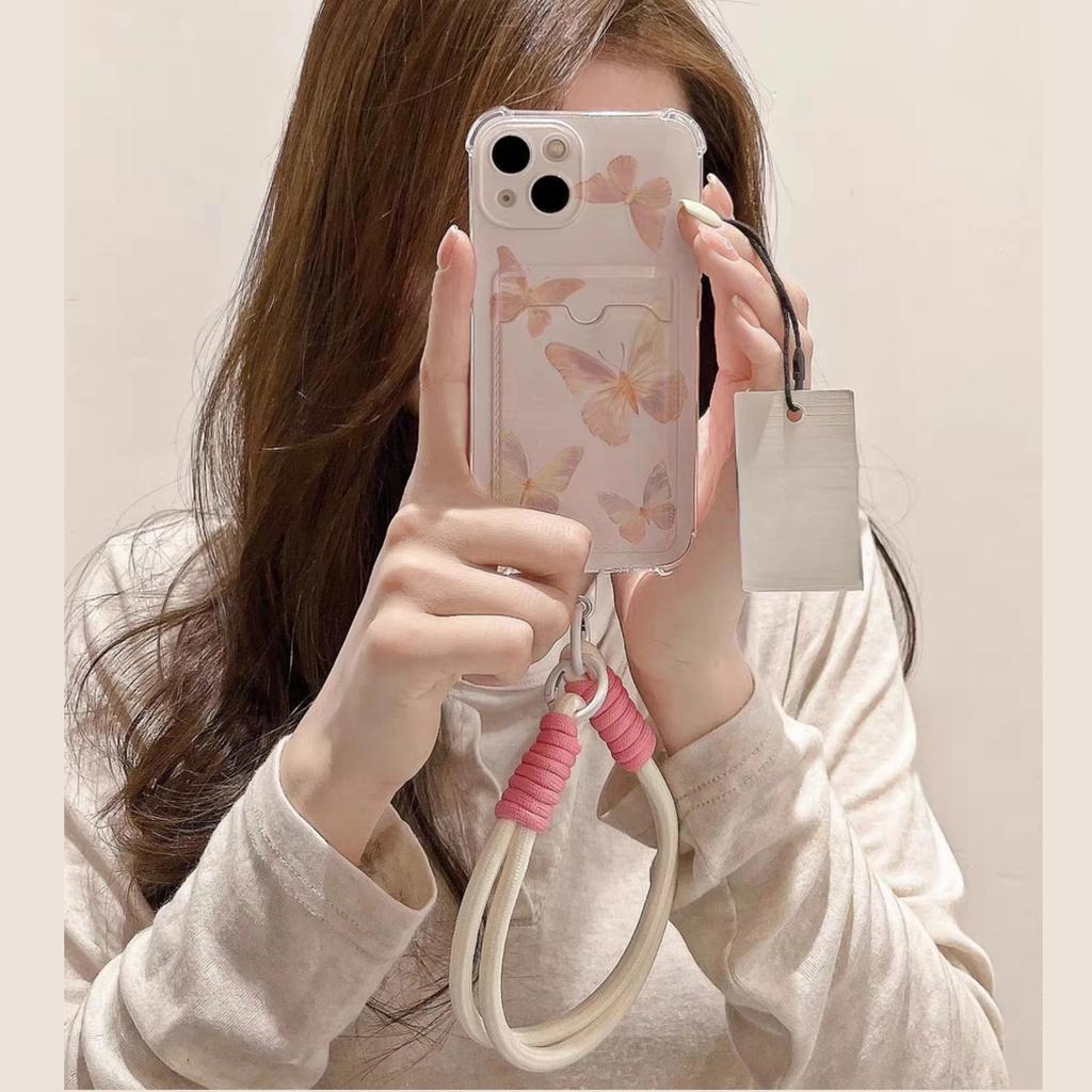 Butterfly Card Holder Pocket With Lanyard Case For Samsung Galaxy S25 Edge S23 S24 S25 Ultra S22 S21 Plus S20 FE Cover Cute Soft