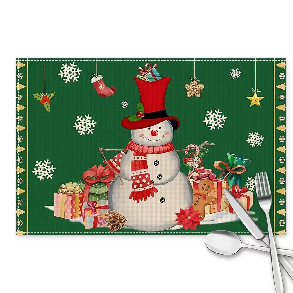 Christmas Cotton Linen Placemats Snowman & Santa Claus Decorated Dining Table Mats Insulation Solid Color Holiday Home Decor