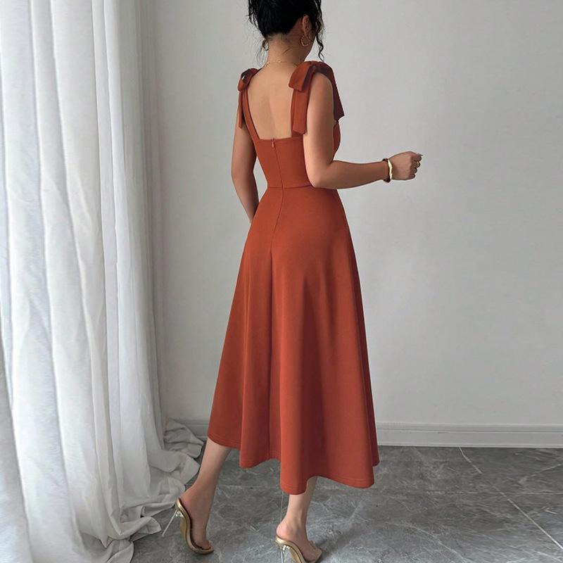 Summer Autumn Women Sexy A-line Maxi Dress Elegant Square Collar Sleeveless Solid Slim Long Dresses Women's Bow Tank Tops Dress