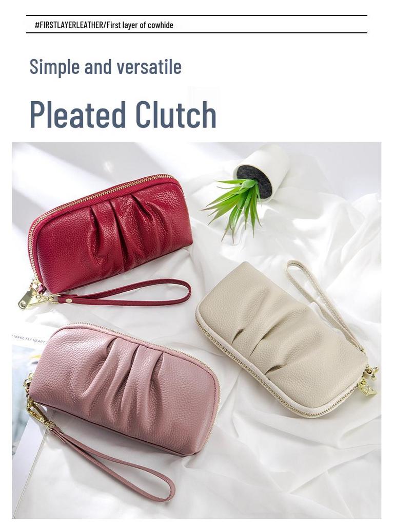 Top Grain Cowhide Versatile Pleated Leather Wristlet Wallet Clutch - Large Capacity Phone Handbag