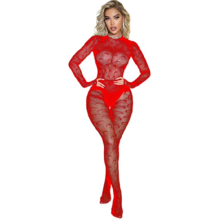 Women's Long Sleeve Moon Fishnet Bodysuits Jumpsuit See Through Mesh Bodystocking Lingerie Underwear Erotic Nightwear