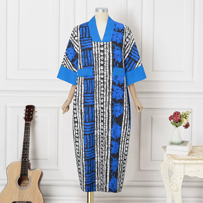 M-5XL Damen V-Ausschnitt Halber Fledermausärmel Gestreifter Druck Patchwork Lässiges Übergroßes Maxi-Kleid