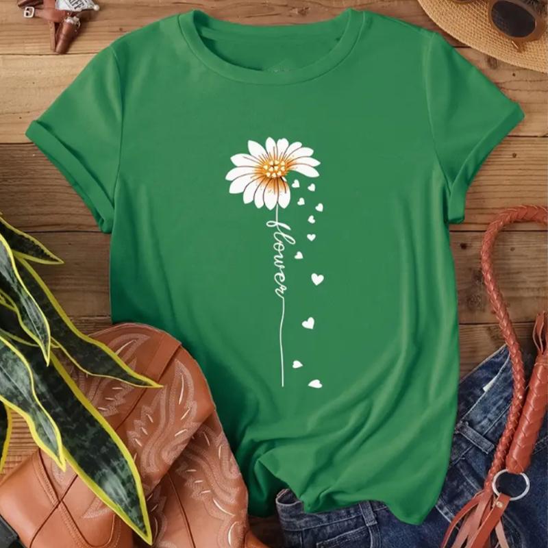 Faith Letter & Flower Print T-shirt Casual Short Sleeve Crew Neck Top Women's Clothing Valentine's Day