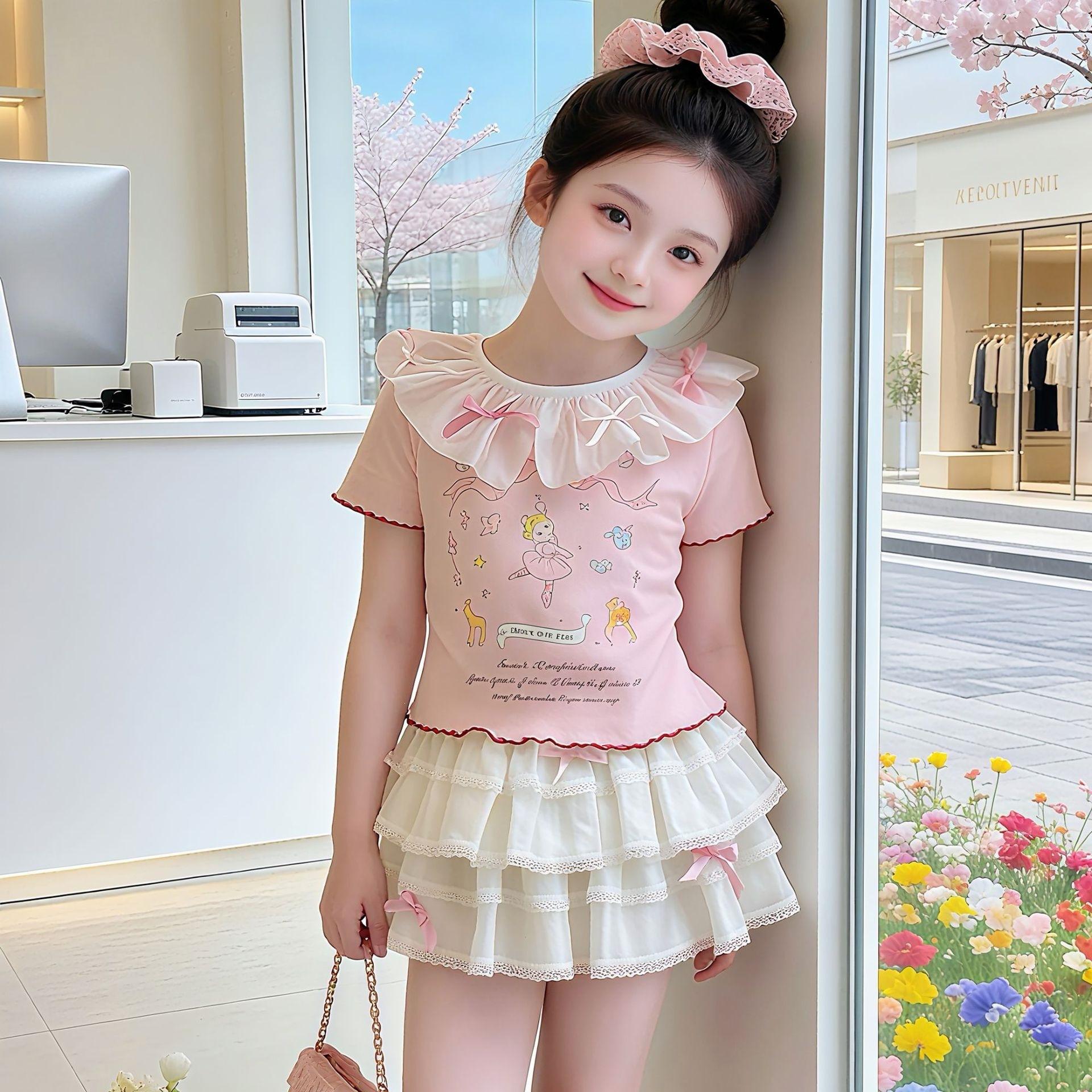 Girls Summer Cute Short Sleeve Bow Tie Tiered Dress Set 100