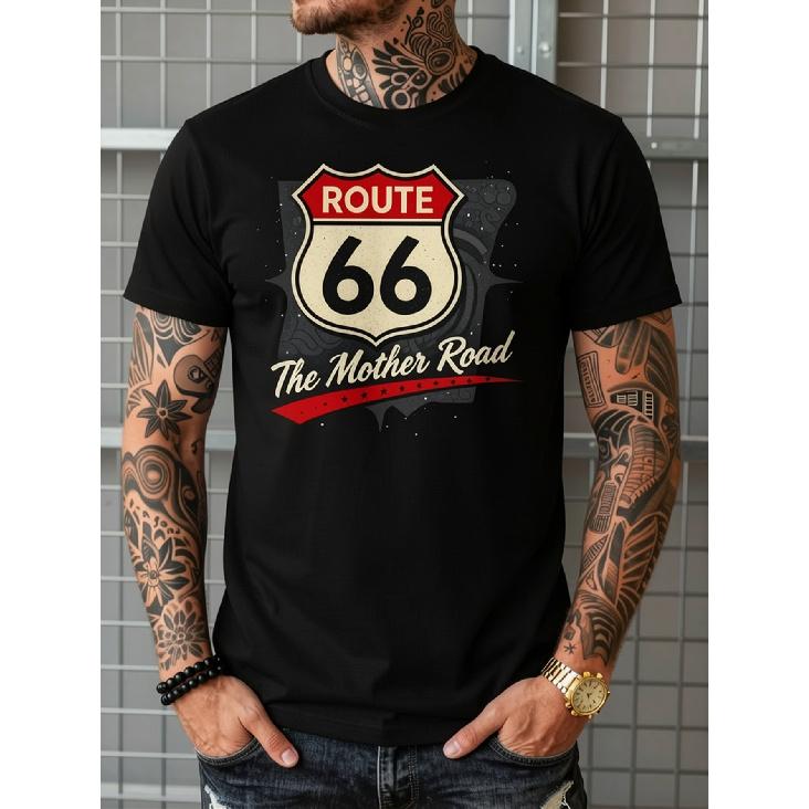 Men's Vintage Route 66 The Mother Road Graphic T-Shirt - 410 Heavyweight Cotton Relaxed Fit Retro 60s 70s Inspired Casual Tee with Route 66 Shield