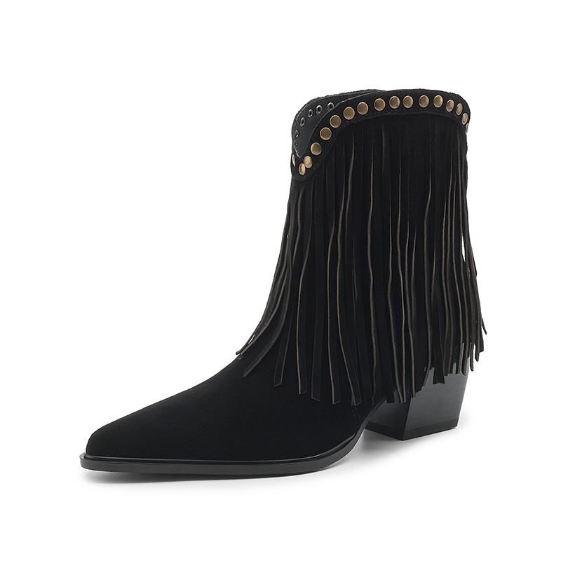 

Мода 2024 Новые осенне-зимние женские ботинки из коровьей замши Модные ботинки в западном стиле с кисточками для женщин Остроносые на толстом каблуке Женская обувь US 6 чёрный
