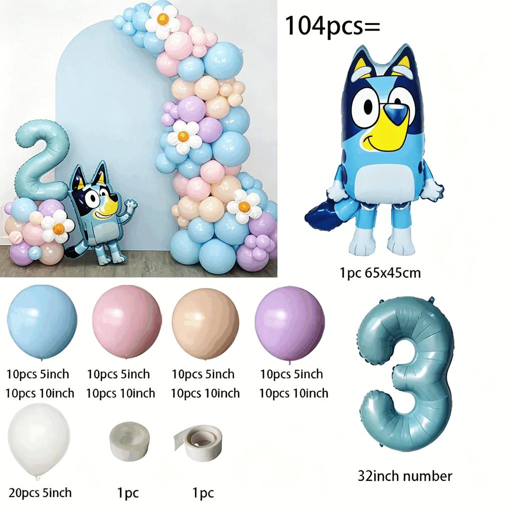 Bluey Pastel 2nd Birthday Balloon Arch Set Number 2 Foil Balloon Blue Dog Flower Garland Kids Party Decor Photo Backdrop Kit Set