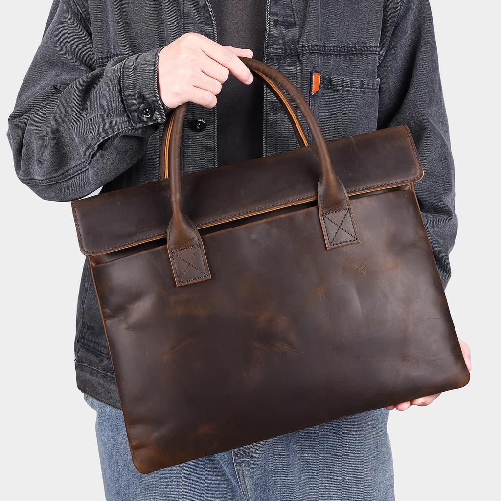 Men's Crazy Horse Leather Briefcase: Genuine Leather Business Casual Handbag with Computer and File Storage.