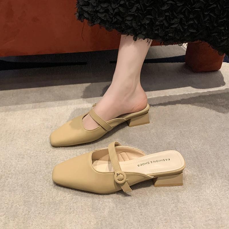 Shoes Woman's Slippers Slides Low Fashion Female Mule Cover Toe 2025 Summer Luxury Mules Hoof Heels PU Fabric Rubber Rome