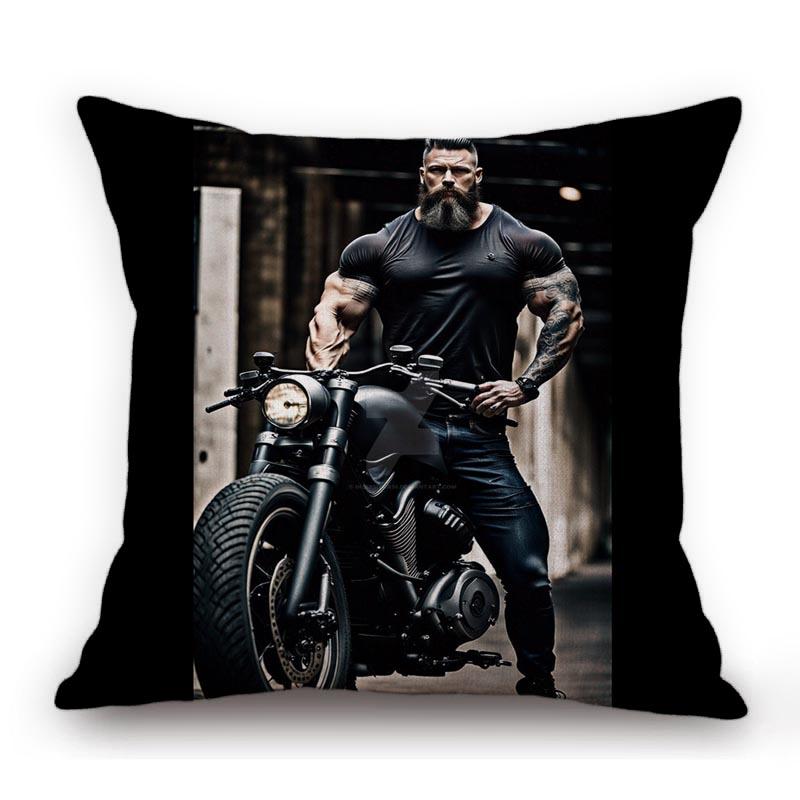 Handsome Sexy Muscle Man Motorcycle Chopper Bike Poster Art Home Decorative Sofa Pillow Case Cotton Linen Cushion Cover