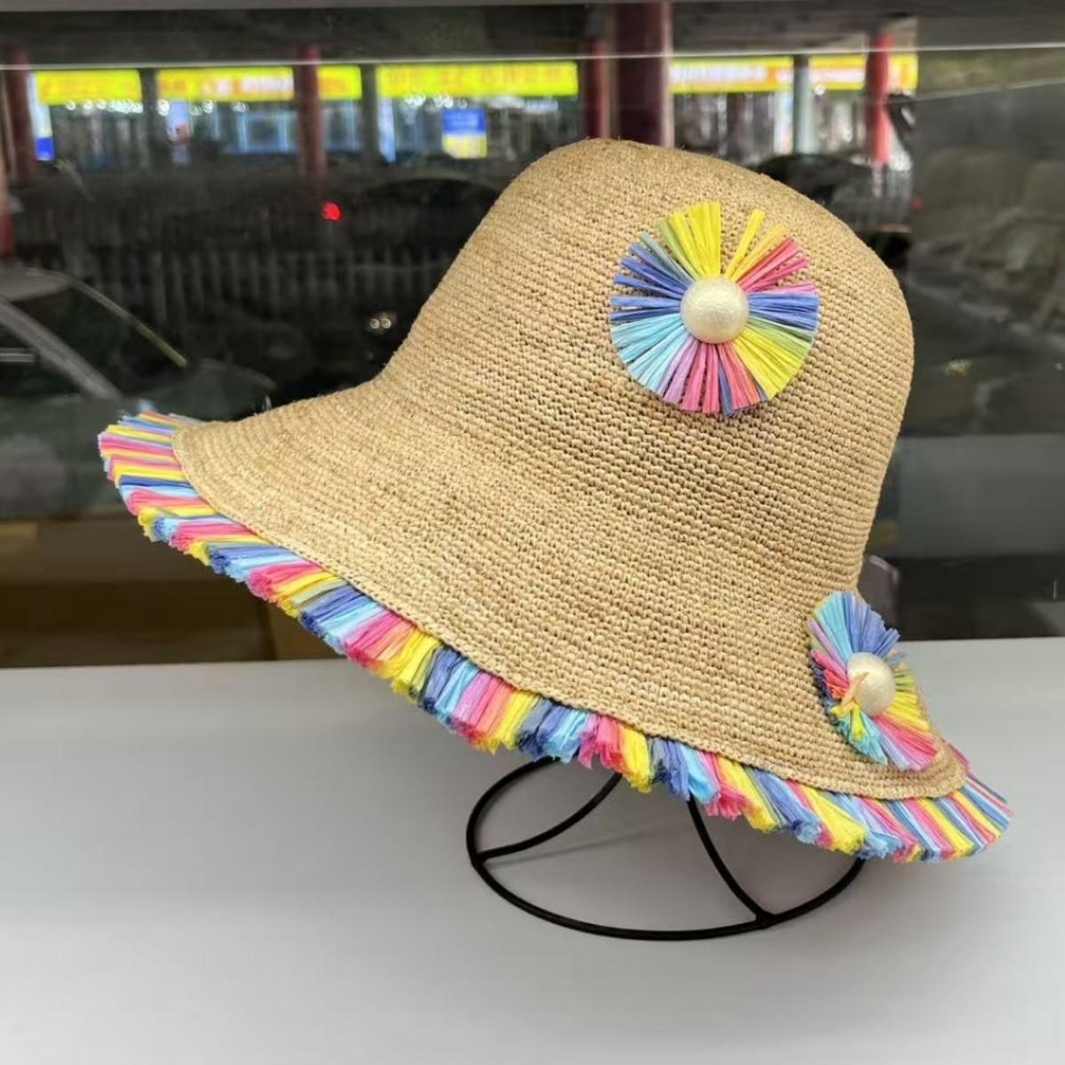 

French sunflower handmade raffia big edge sun protection straw hat children summer sunshade vacation seaside beach hat M（55-58cm）