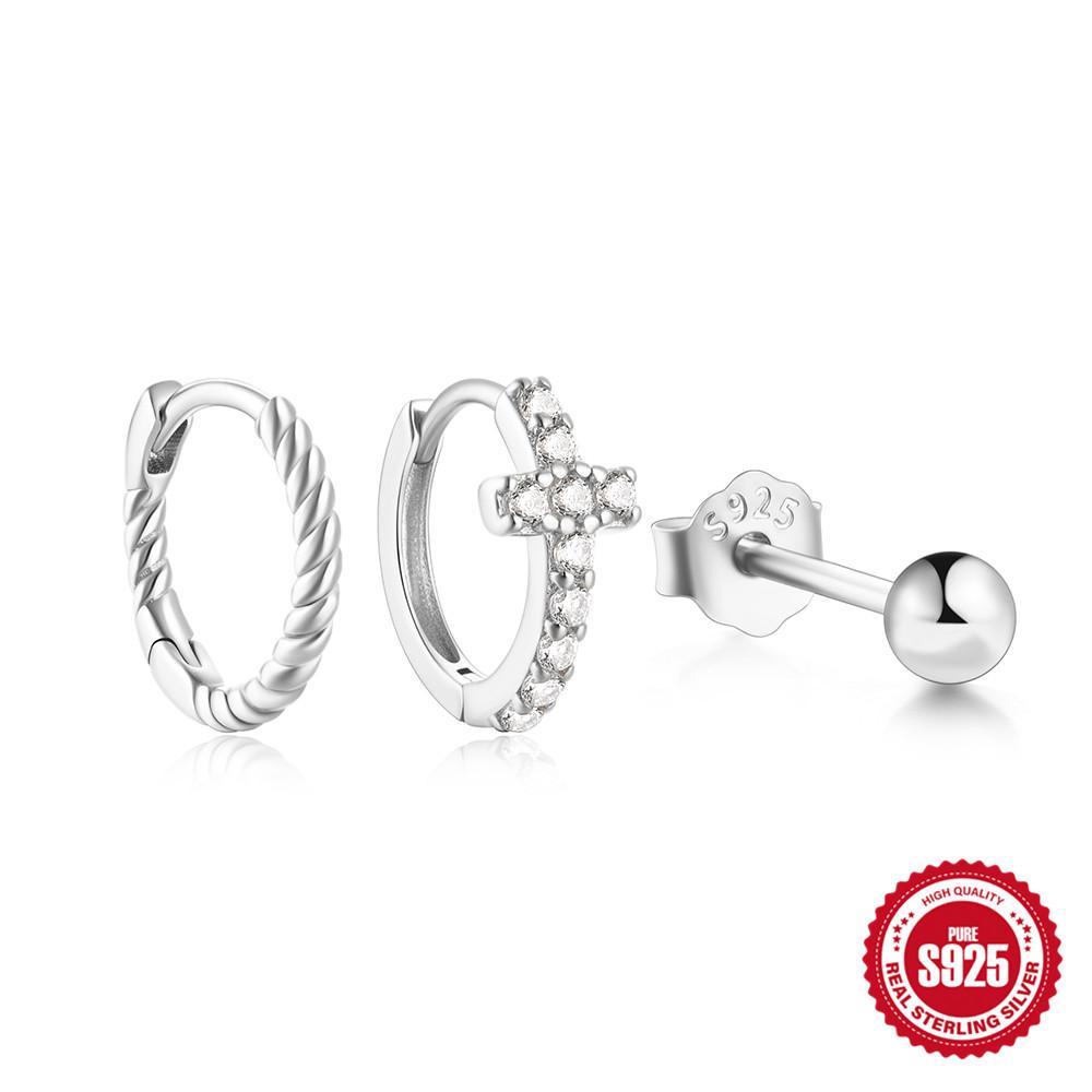 

Набор из 3 серег S925 стерлингового серебра классический крест с завитком с бриллиантами, серьги, серьги, пусеты, беспроблемное сочетание 925 Silver