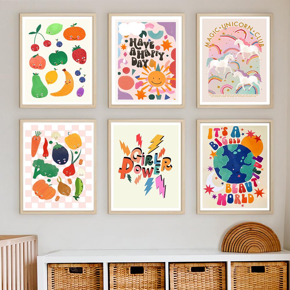 Flower Floral Mermaid Canvas Posters Nursery Wall Art Print Have a Happy Day Girl Power Quotes Painting for Kids Room Home Decor