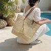 Borsa Tote in Paglia Intrecciata con Manici in Pelle Dettaglio Frangia Borsa da Spiaggia Estiva Moda Donna Grande Capienza