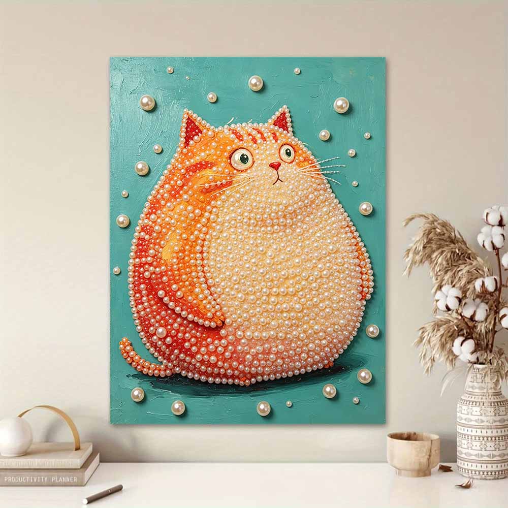 Creative DIY Framed Pearl Art Kit with Cute Fat Orange Cat Pattern Sparkling Bead Canvas Ready to Display Relaxing Gift for Adults