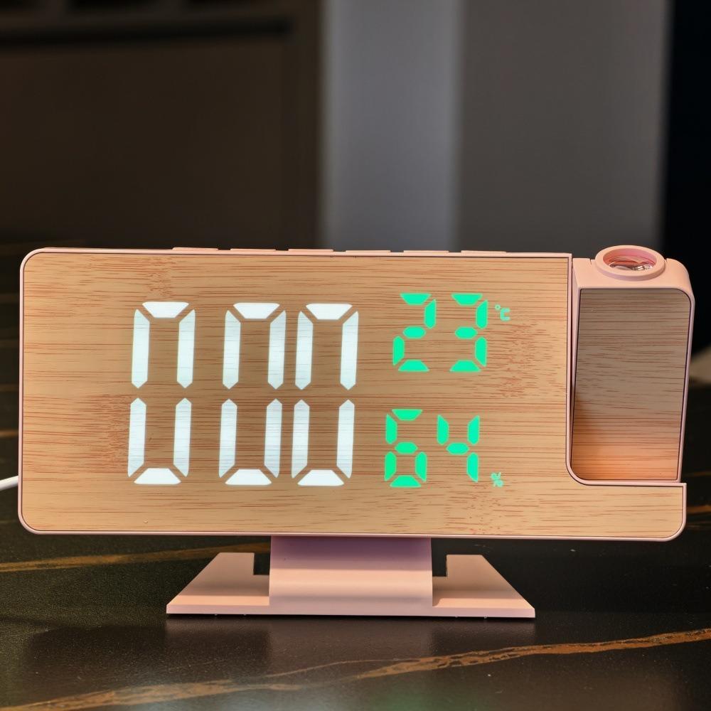 

12/24-часовой светодиодный проекционный будильник, большой экран, регулируемая яркость, цифровой будильник, поворот на 180°, температура, влажность розовый