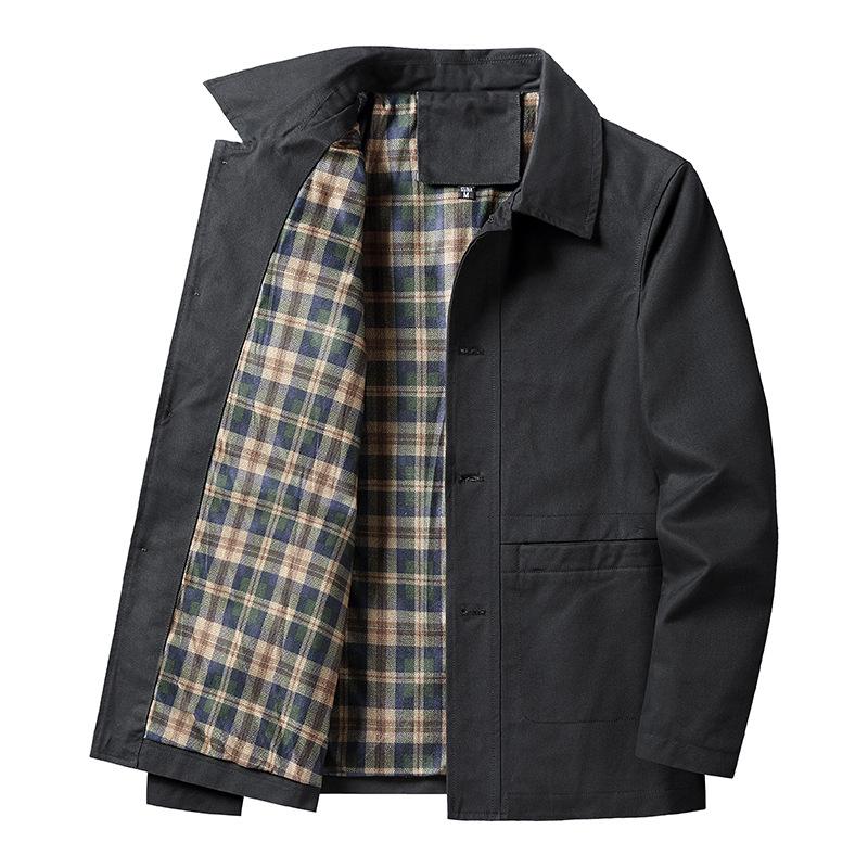 Men's Cotton Lapel Jacket Shirt - Large Size, Solid Color, Business Casual, Spring/Autumn.