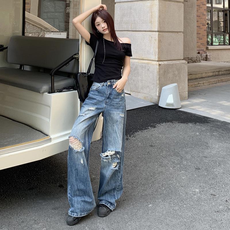 Minghai Women s American Style Ripped Jeans - Loose Straight Leg, Water Washed, Casual Floor-Length Pants for Spring/Summer 2026. Small
