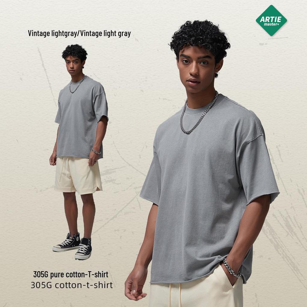 ARTIE Men's 2024 Spring/Summer Vintage Washed Curled Short-Sleeve T-Shirt - American Street Style.