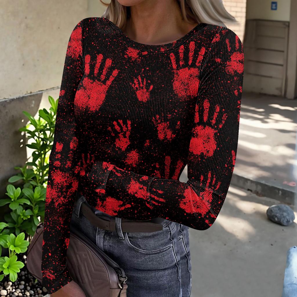 Women's Halloween Print Long Sleeve Neck Ribbed Top for Casual Fashion