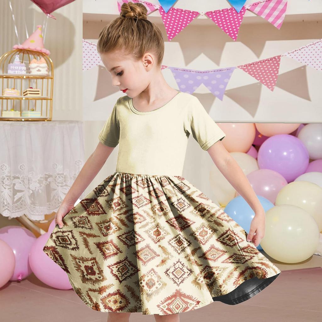 Girl Summer Dress Toddler Skater Dress Color Short Sleeve Casual A-Line T-Shirt Dress