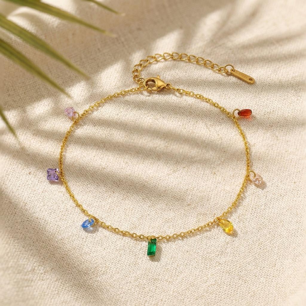 Colorful Cubic Zirconia Anklet Bracelet for Women,Waterproof Stainless Steel Chain Crystal Pendant Trendy Foot Anklet Jewelry