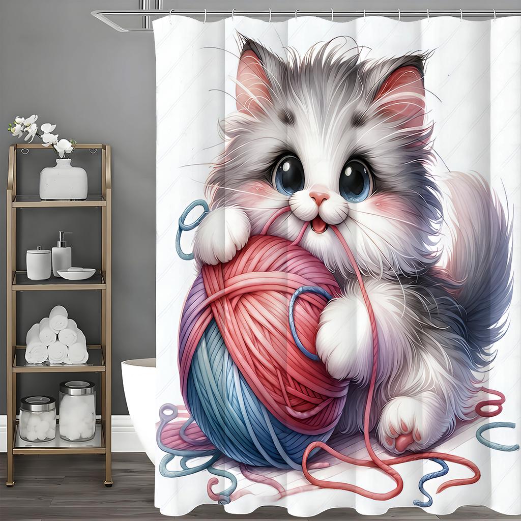 Cute Cat Playing with Woolen Clusters Shower Curtain, Bathroom Decorative Shower Curtain, Waterproof Shower Curtain with Hooks