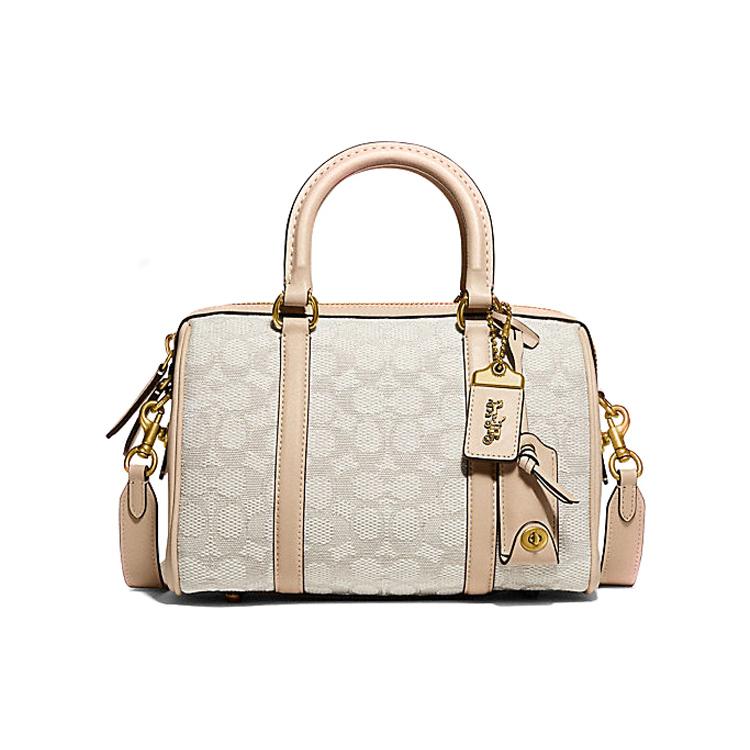 New COACH Jacquard Fabric With Cow Leather Handbag Boston, Shoulder Bag, Crossbody Bag Medium Size Women's Pink CA117-B4UDK