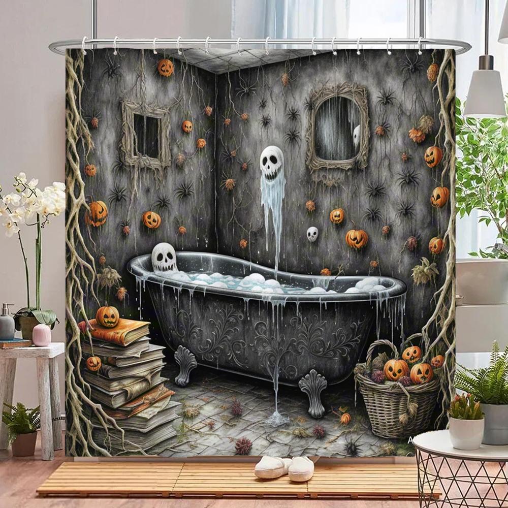 Amusing and Creative Skeleton Skull Shower Curtain Waterproof Bathroom Curtain Funny Scary Halloween Home Decorative Curtain