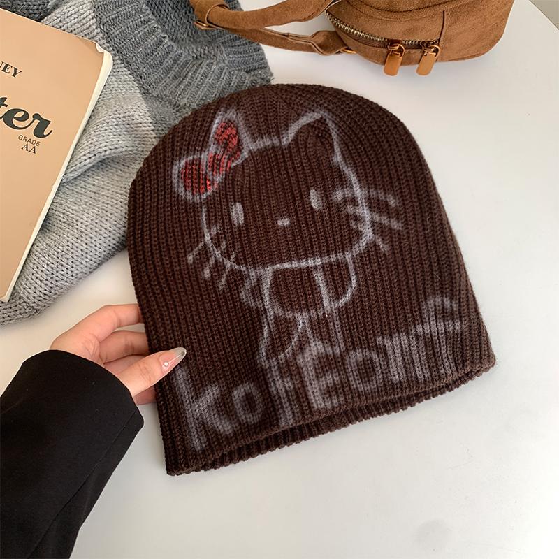 Cute kitty cat knitted hat women's autumn and winter warm ear protection hat showing face small bag head hat fashionable versatile cold hat
