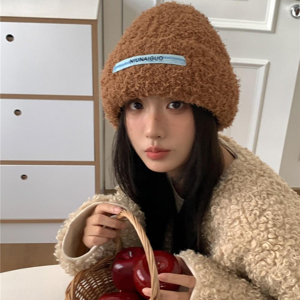 

Plush soft waxy model~ Autumn and winter plain knitted hat, children s lazy atmosphere, warm, ear protection, headgear, wool hat Adult average size білий