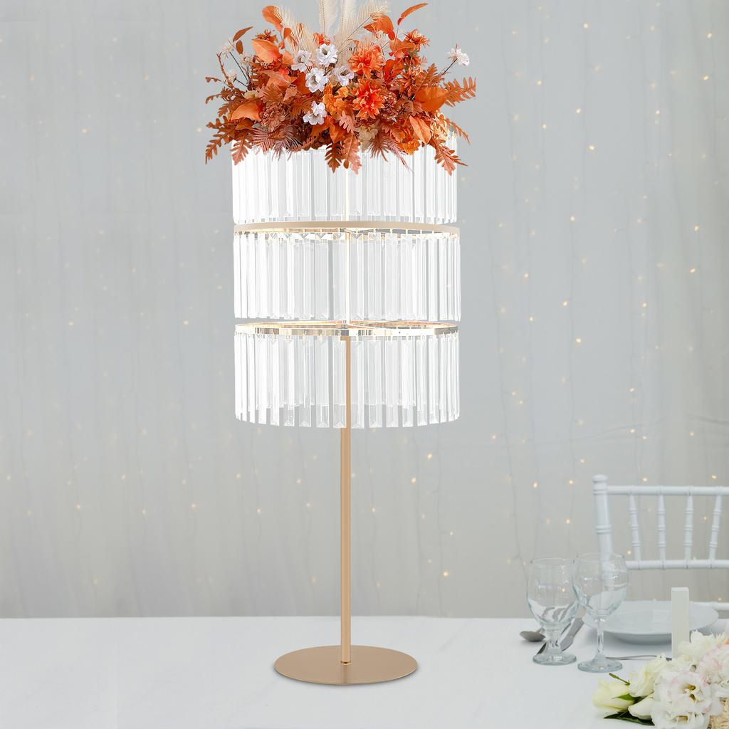 3-Tier Gold Wedding Flower Stand with Hanging Crystals, Elegant Wedding Party Centerpieces Flower Stand for Reception Table
