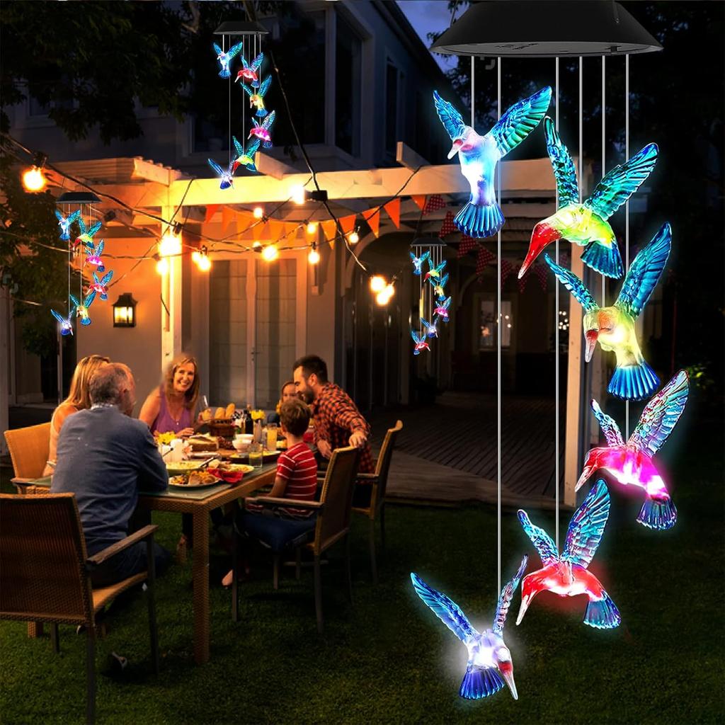 1 szt. Kolorowe dzwonki wietrzne z kolibrami, do ogrodu na zewnątrz, solarne, zmieniające kolor, pamiątkowe, dekoracja na patio