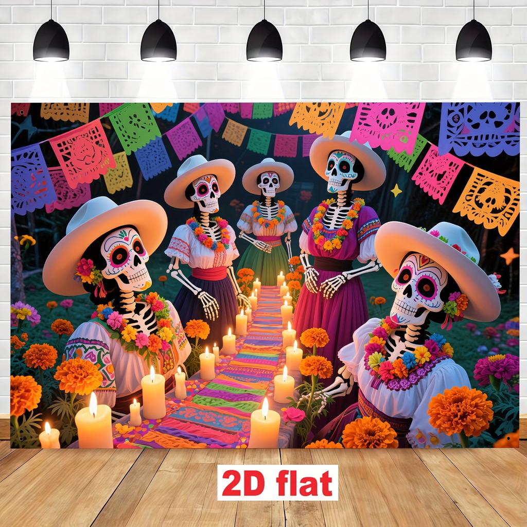 2D Flat Banner [Party Banner, Flag] - Made of Polyester, with a Mexican Day of the Dead Theme Background Fabric.zyc