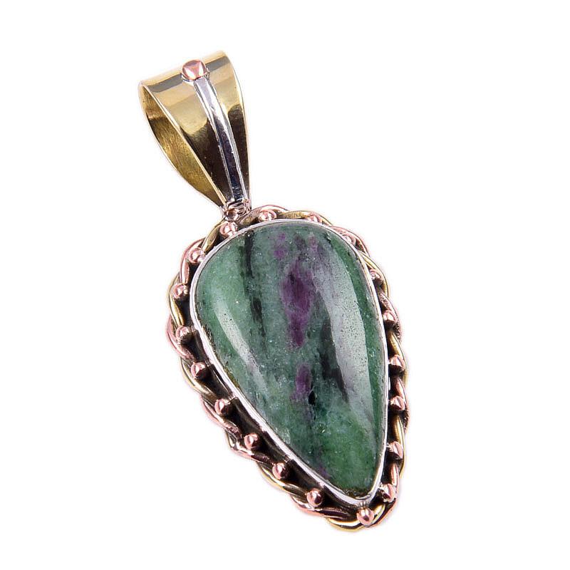 Ruby In Zoisite Lab-Created 925 Sterling Silver Gift Two Tone Pendant 1.50" e7y90
