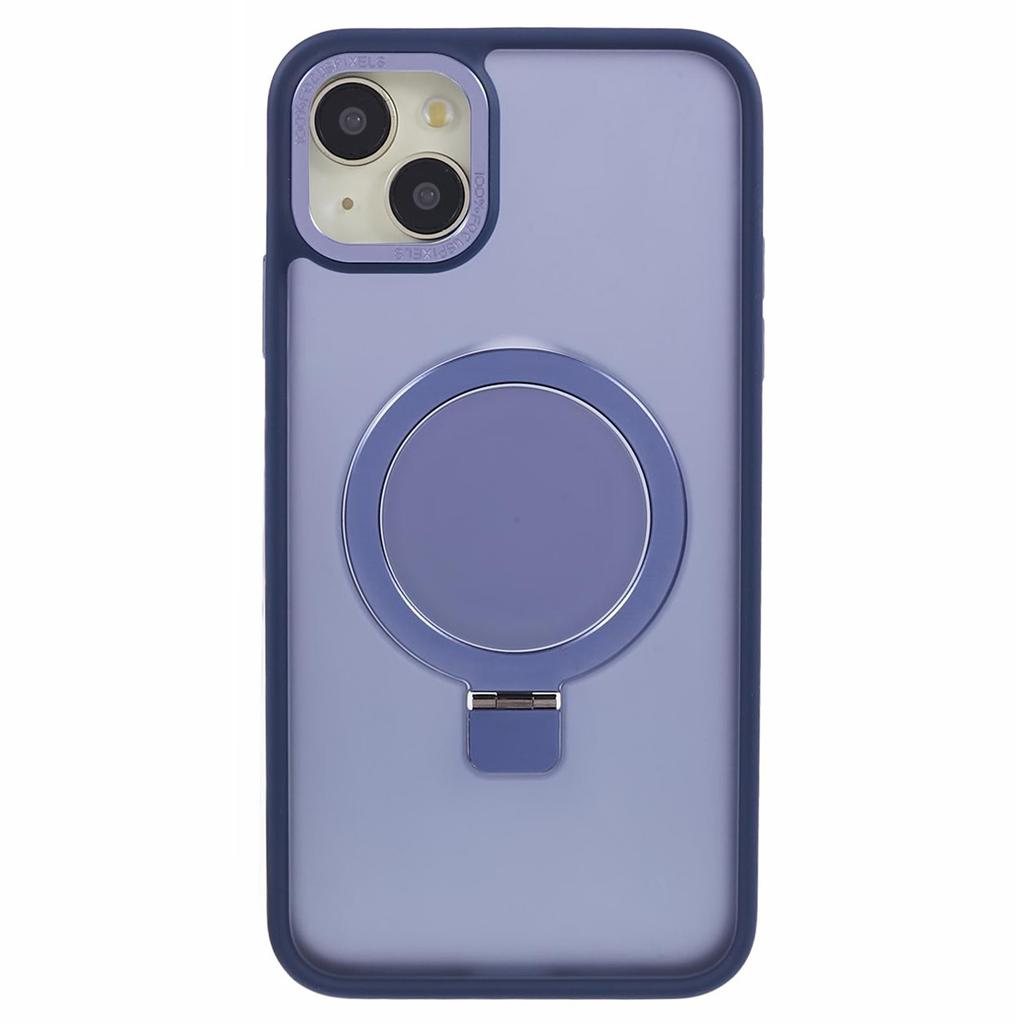 For iPhone 15 Plus Skin-touch Phone Case Kickstand Design TPU+PC+Magnet+Metal Shell Compatible with MagSafe