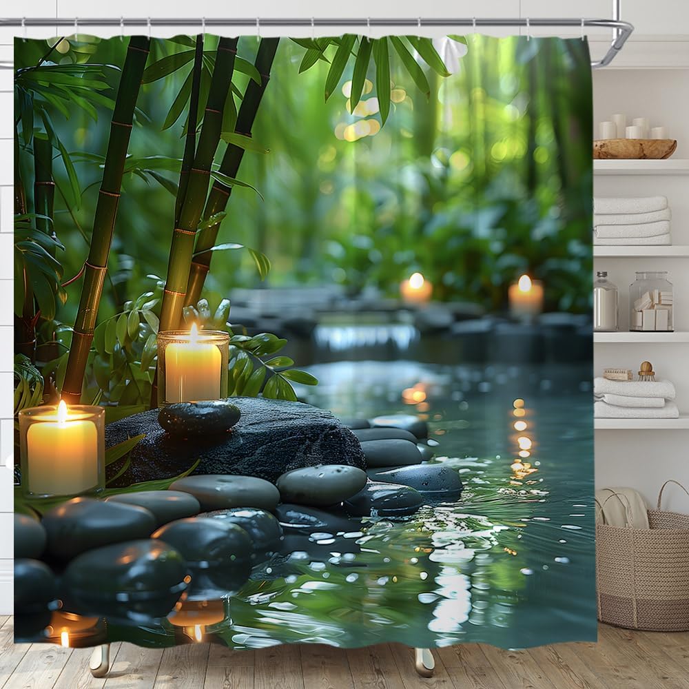 Zen Spa Shower Curtain, Bamboo Stone Water Reflection, Calming Nature Decor Set With Hooks