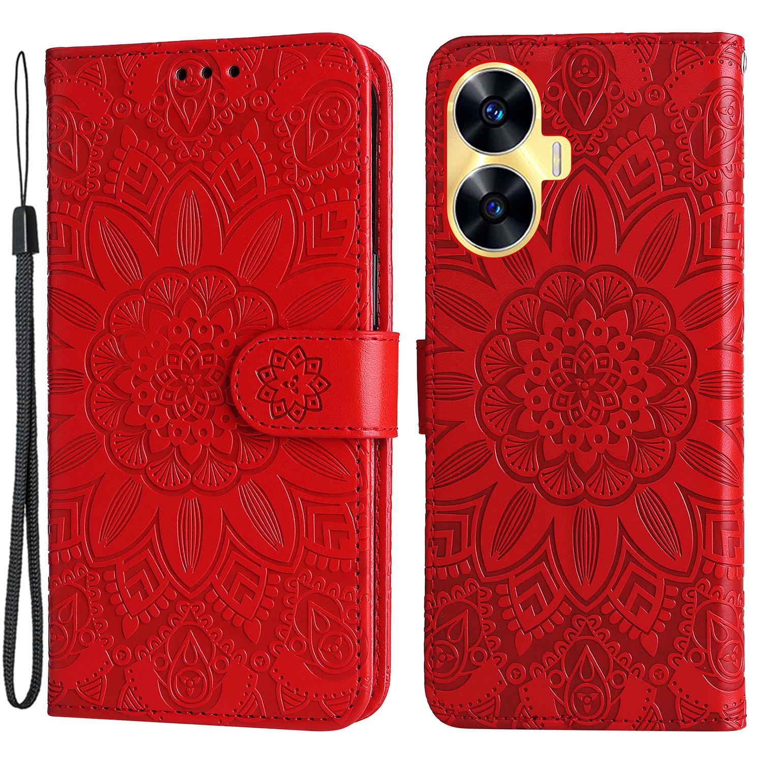 

PU Leather Stand Wallet Phone Cover for Realme C55 4G Sunflower Imprinted Phone Case with Strap Red