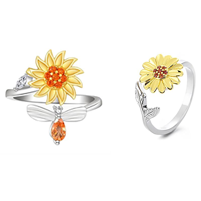 Opening Adjustable Spinning Sunflower Bee Release Stress Ring Rotatable Zircon Copper Finger Ring For Women Fashion Jewelry