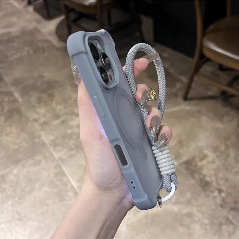 Matte Shockproof Armor For Magsafe Wireless Charge Case for iPhone 17 16 15 14 Plus 13 12 11 Pro Max Clear Wrist Strap Cover