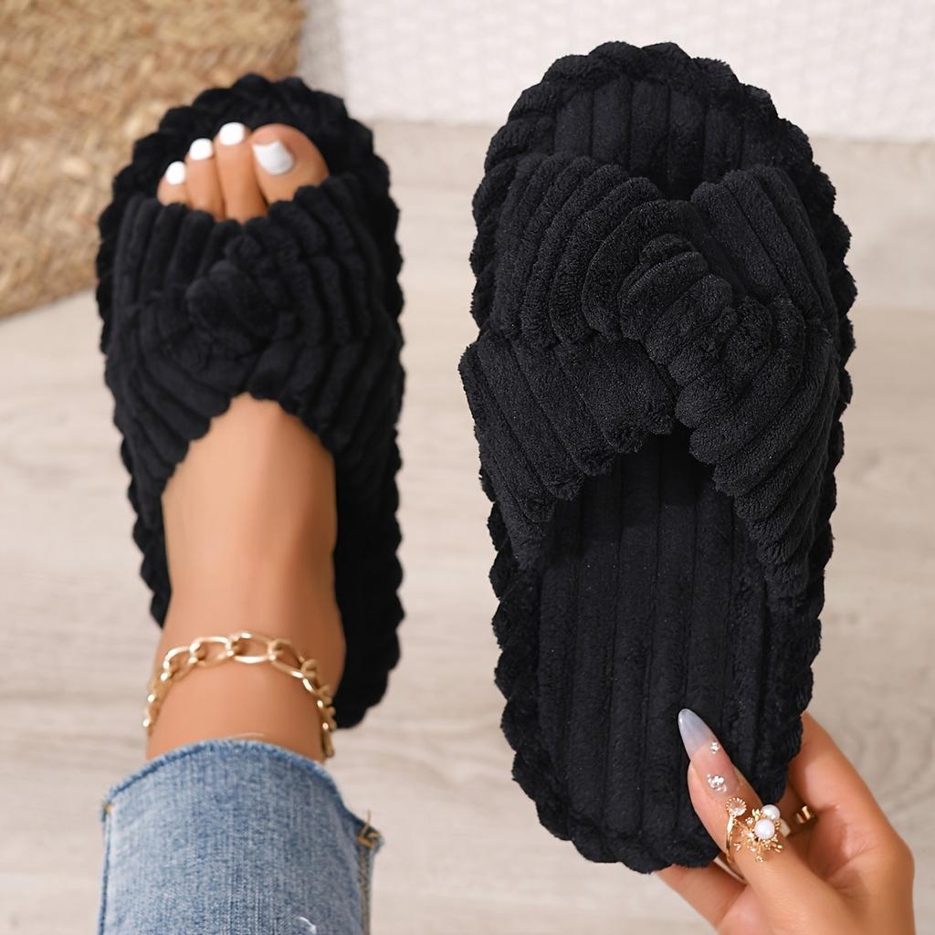 Couple Style Slippers, Lightweight for Home Use. Classic Elegance, Crossed Straps, Fluffy and Soft, Skin Friendly and Warm, One Foot Kick