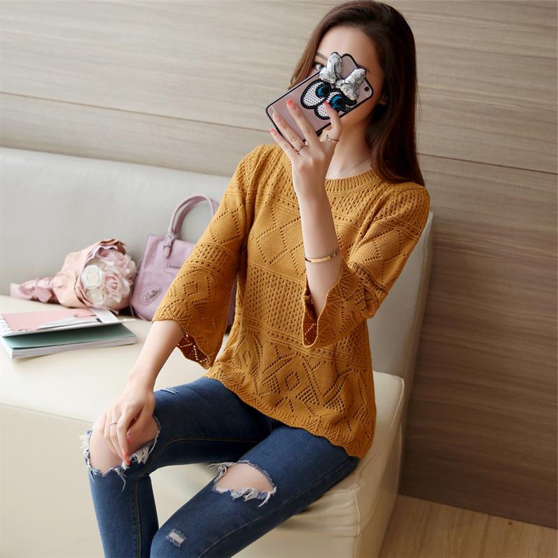 În primăvară și vară Pulover scobit nou din tricot Jachetă de damă cu secțiune subțire cu gât rotund Îmbrăcăminte linie largi Cămașă cu mânecă de șapte minute