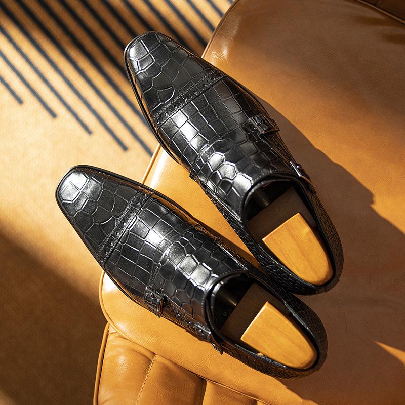 Men's Genuine Leather Slip-On Monk Shoes - Square Toe Business Casual