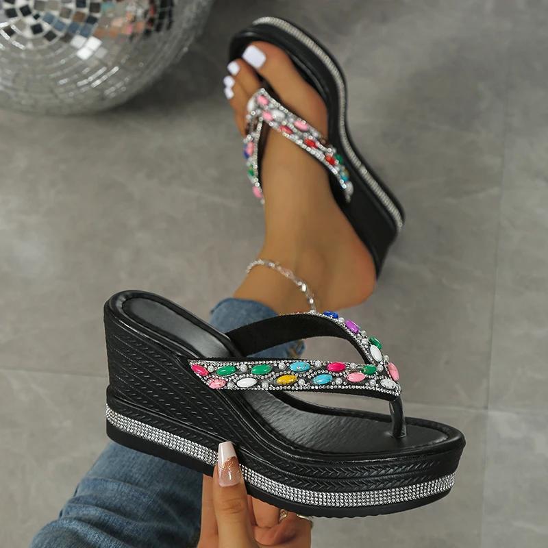 Fashion Colorful Pearls Wedge Flip Flops for Women Fashion Crystal Chunky Platform Sandals Woman Summer 2025 Thick Bottom Beach Slippers