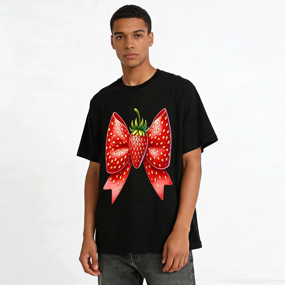 Strawberry Texture Bow Print Casual Top Pure Cotton T-shirt
