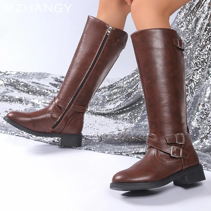 Women Leather High Boots Fashion Knee High Shoes Woman 2025 Trend Winter Designer New Low Heels Motorcycle Boots Mujer Botas