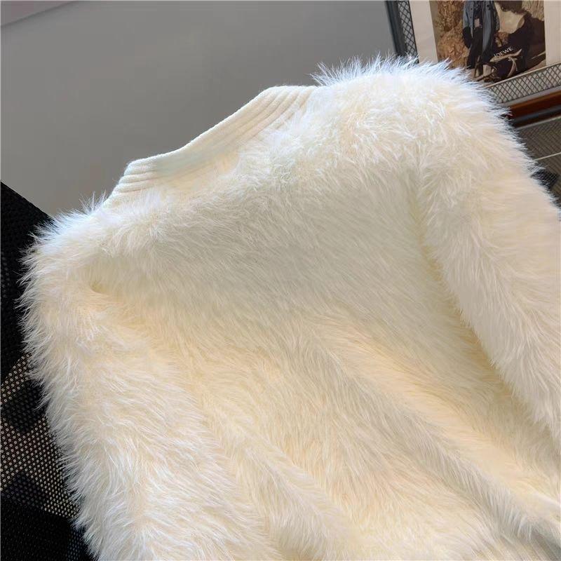 Autumn Winter Women V-neck Single Breasted Imitation Mink Fur Mohair Soft Knitted Sweater Cardigan Coat Jacket
