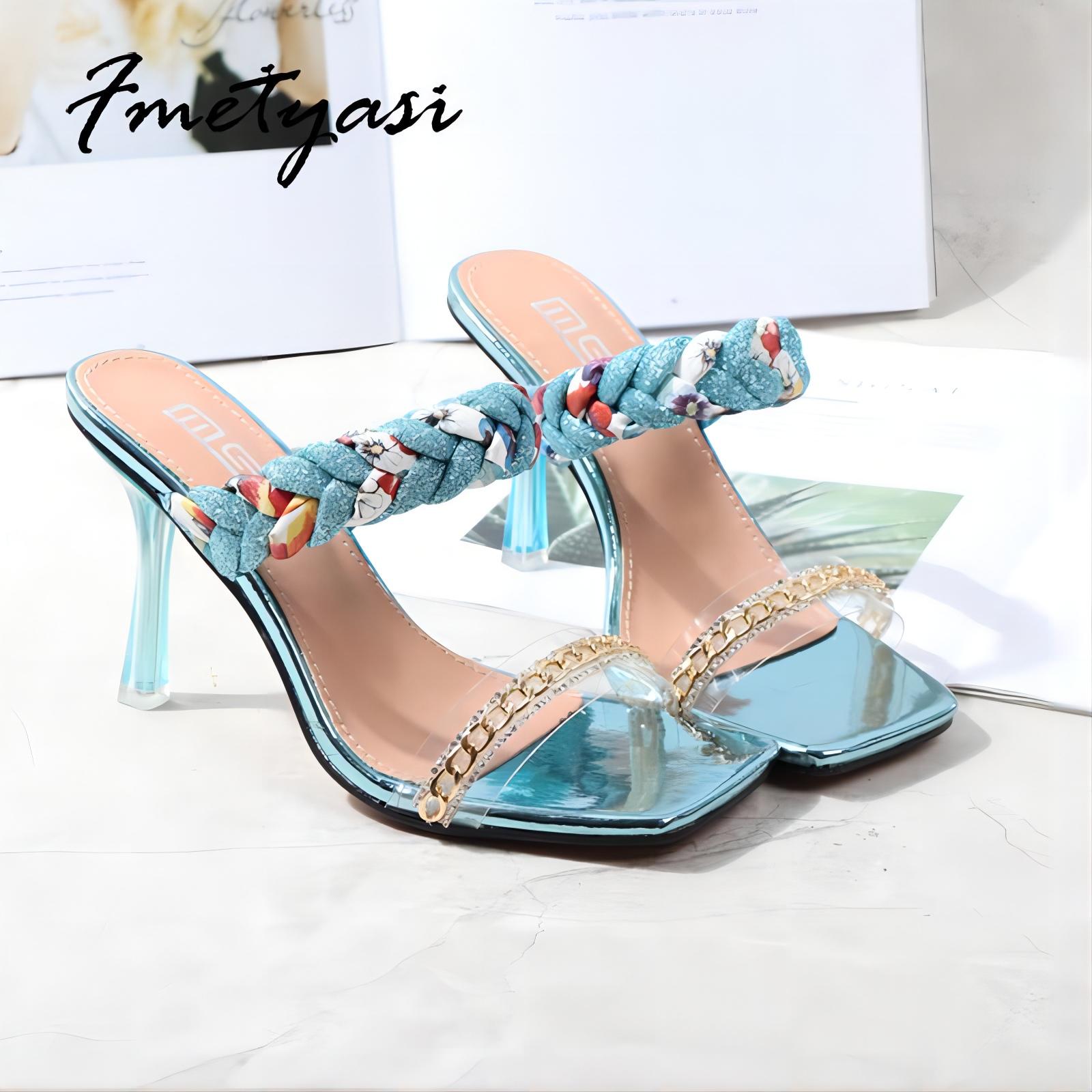 

Плетеные женские сандалии, летние пикантные туфли с квадратным открытым носком на высоком каблуке, модные туфли с одним символом и цепочкой в ​​тон, плетеный ремень