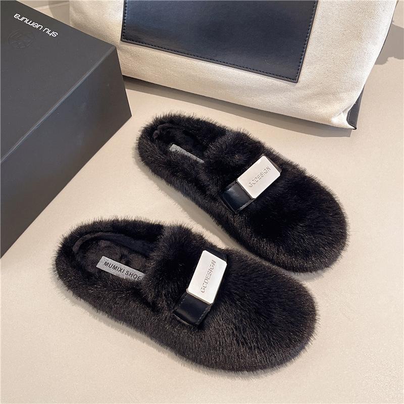 Internet Celebrity Mao Mao Slippers Women's Shoes 2025 Autumn and Winter New Wear Lazy Flat Bottom One Pedal Bag Head Cotton Slippers