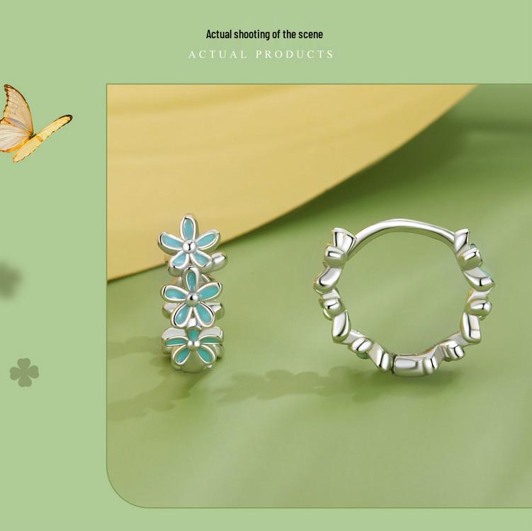 Aifuluo Autumn S925 Sterling Silver Blue Flower Ear Cuff Earrings for Women